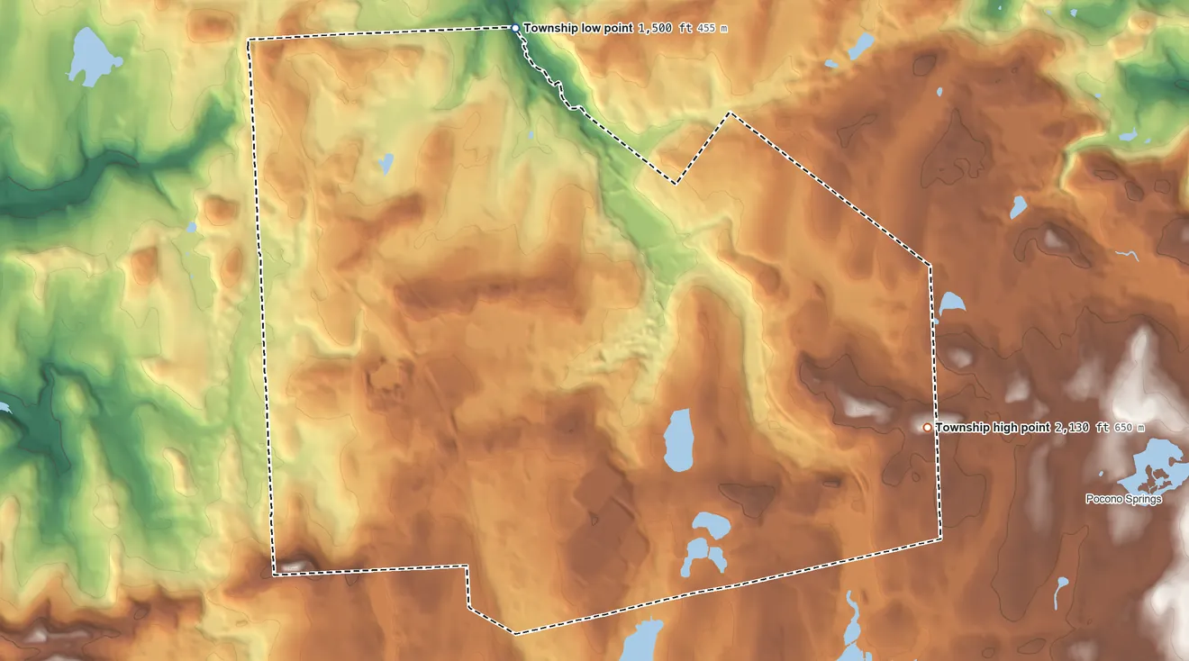 Topographic elevation map of Covington Township, Pennsylvania, shaded from 1,500 ft on the north side to 2,130 ft on the east side