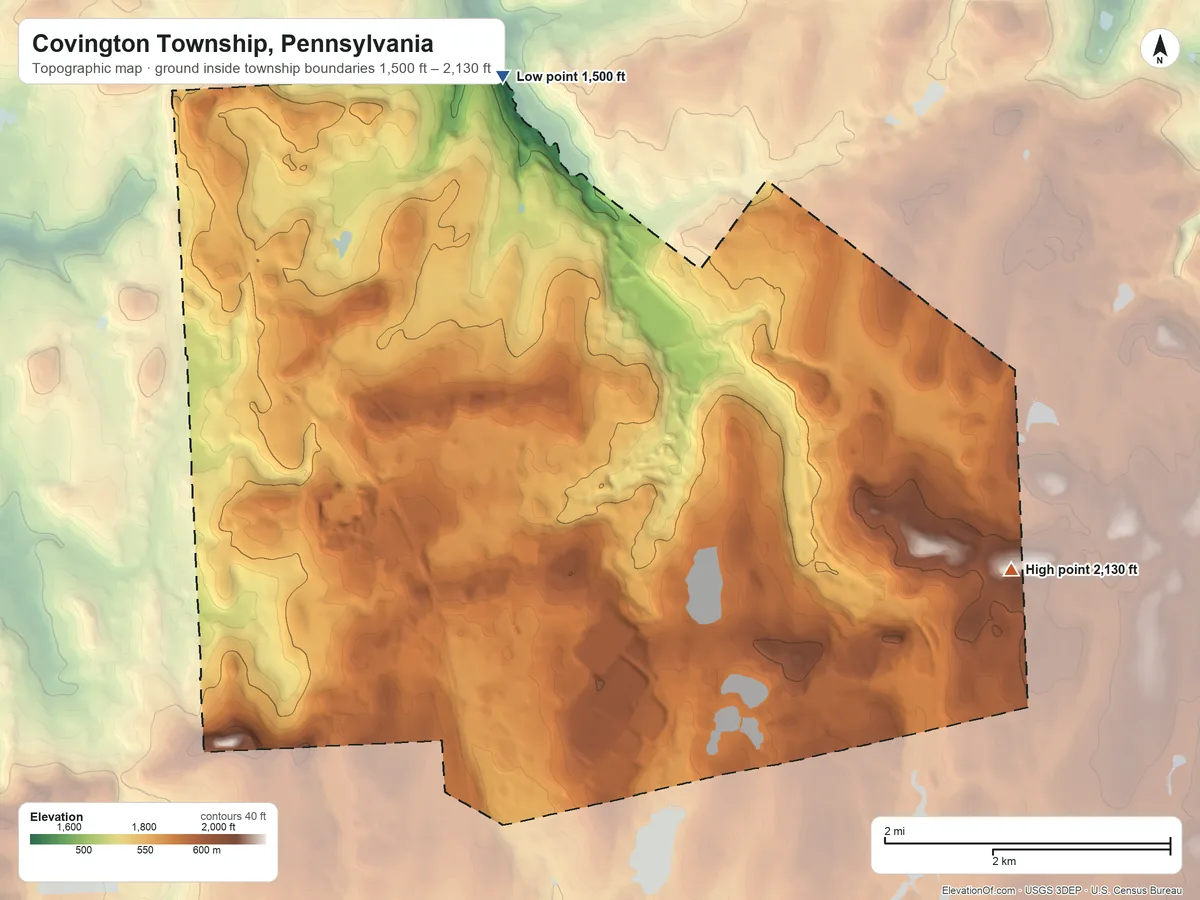 Topographic elevation map of Covington Township, Pennsylvania, shaded from 1,500 ft on the north side to 2,130 ft on the east side