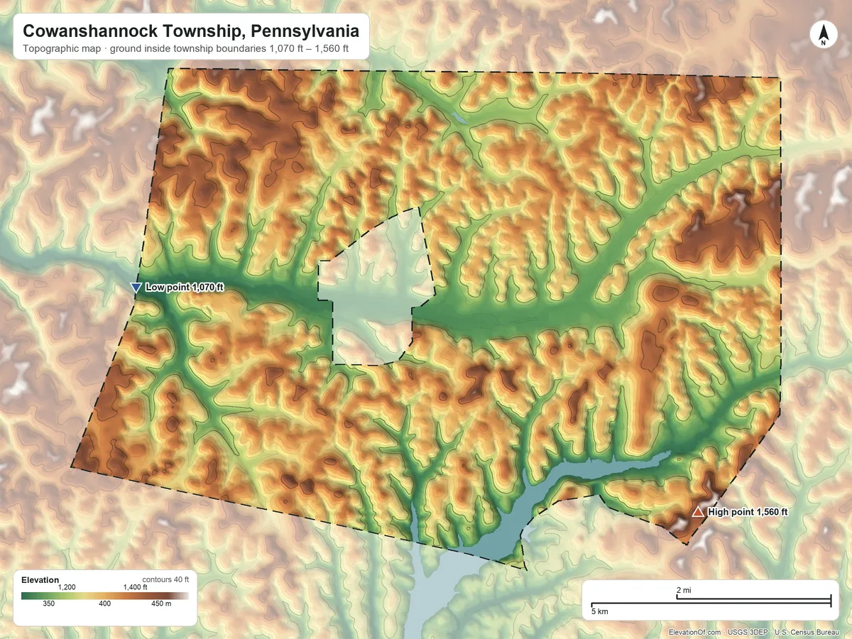 Topographic elevation map of Cowanshannock Township, Pennsylvania, shaded from 1,070 ft on the west side to 1,560 ft on the southeast side