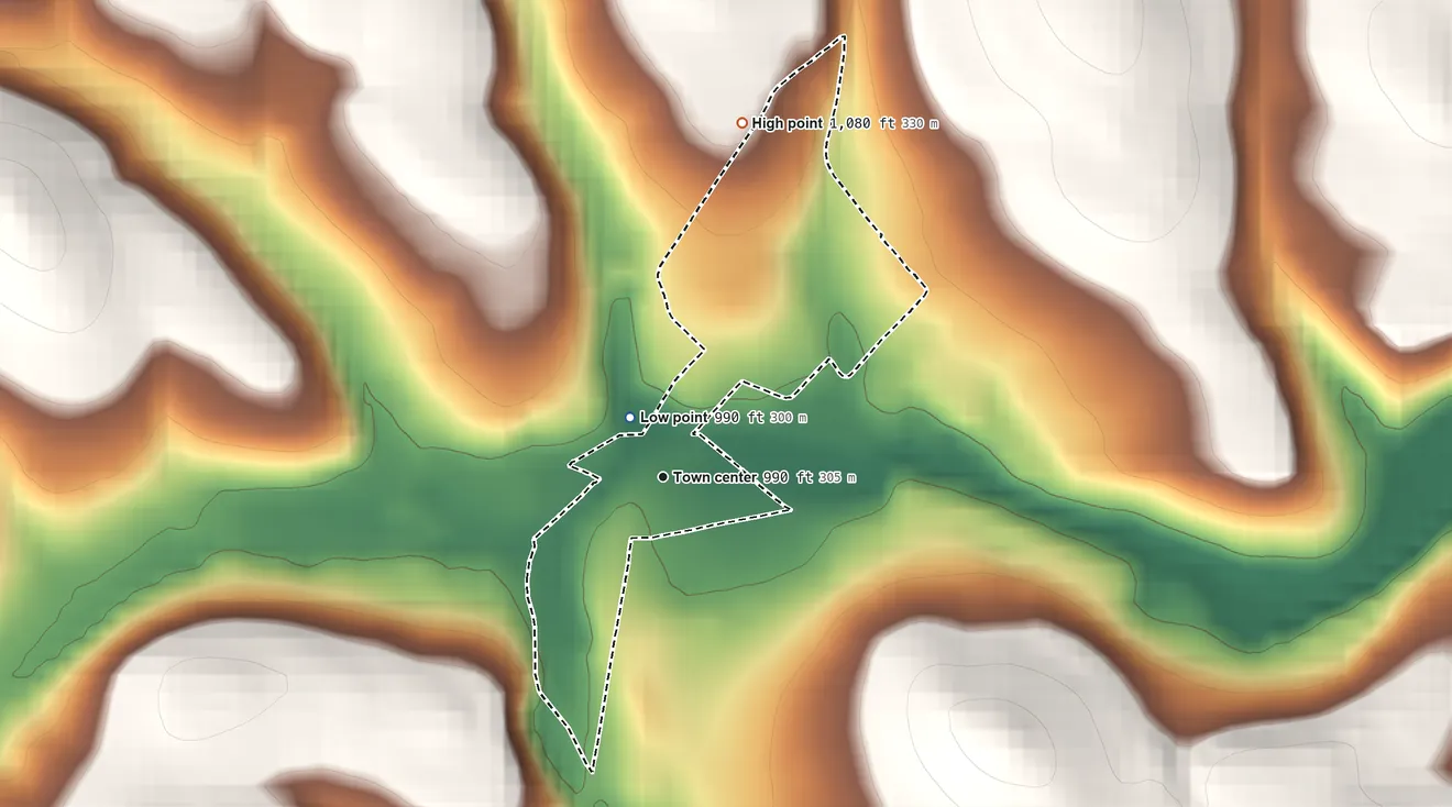 Topographic elevation map of Crabtree, Pennsylvania, shaded from 990 ft near the middle to 1,080 ft on the north side