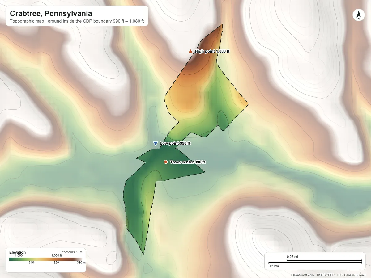Topographic elevation map of Crabtree, Pennsylvania, shaded from 990 ft near the middle to 1,080 ft on the north side