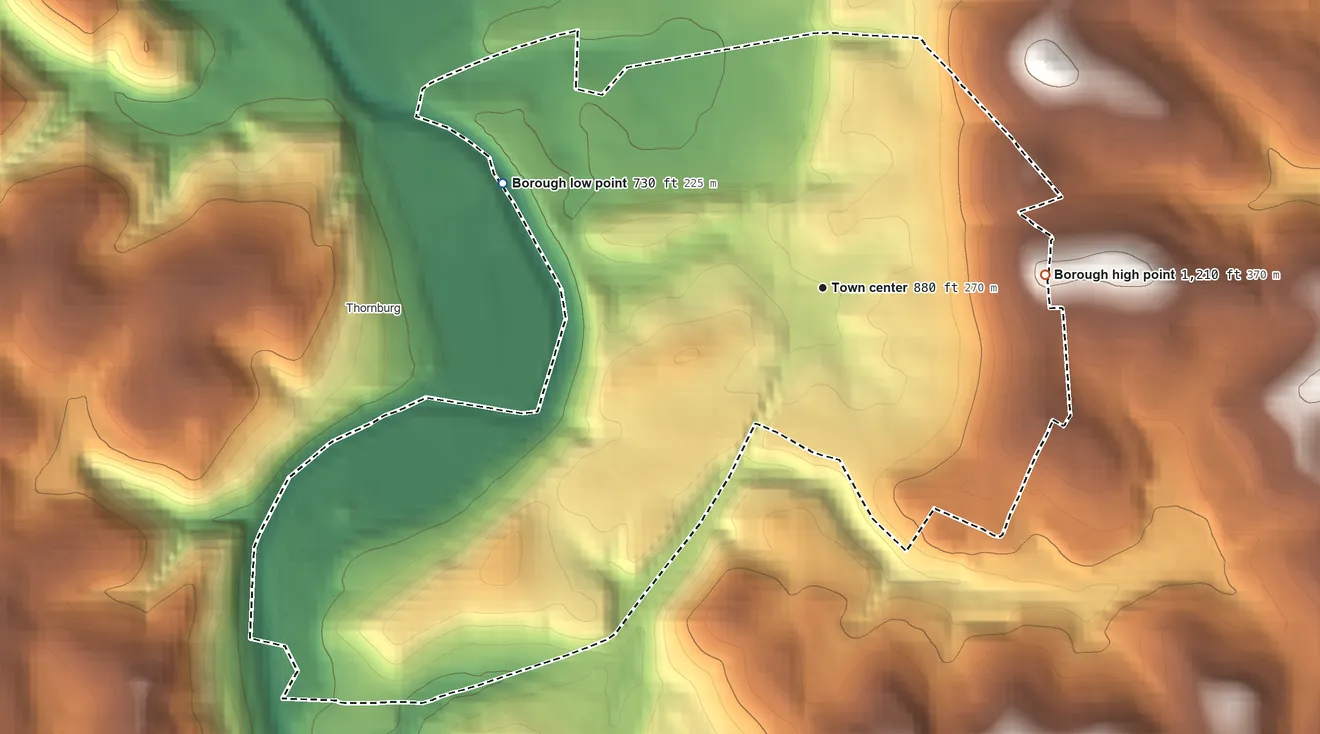 Topographic elevation map of Crafton, Pennsylvania, shaded from 730 ft on the west side to 1,210 ft on the east side