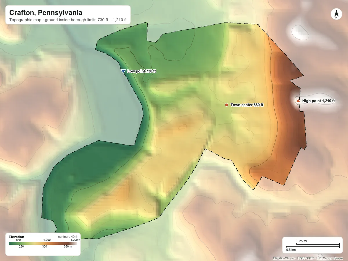 Topographic elevation map of Crafton, Pennsylvania, shaded from 730 ft on the west side to 1,210 ft on the east side