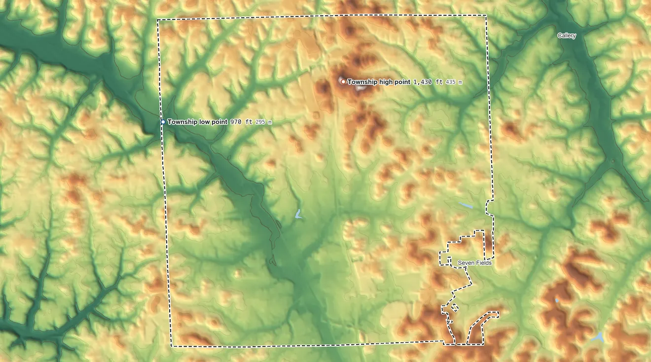 Topographic elevation map of Cranberry Township, Pennsylvania, shaded from 970 ft on the northwest side to 1,430 ft on the northeast side