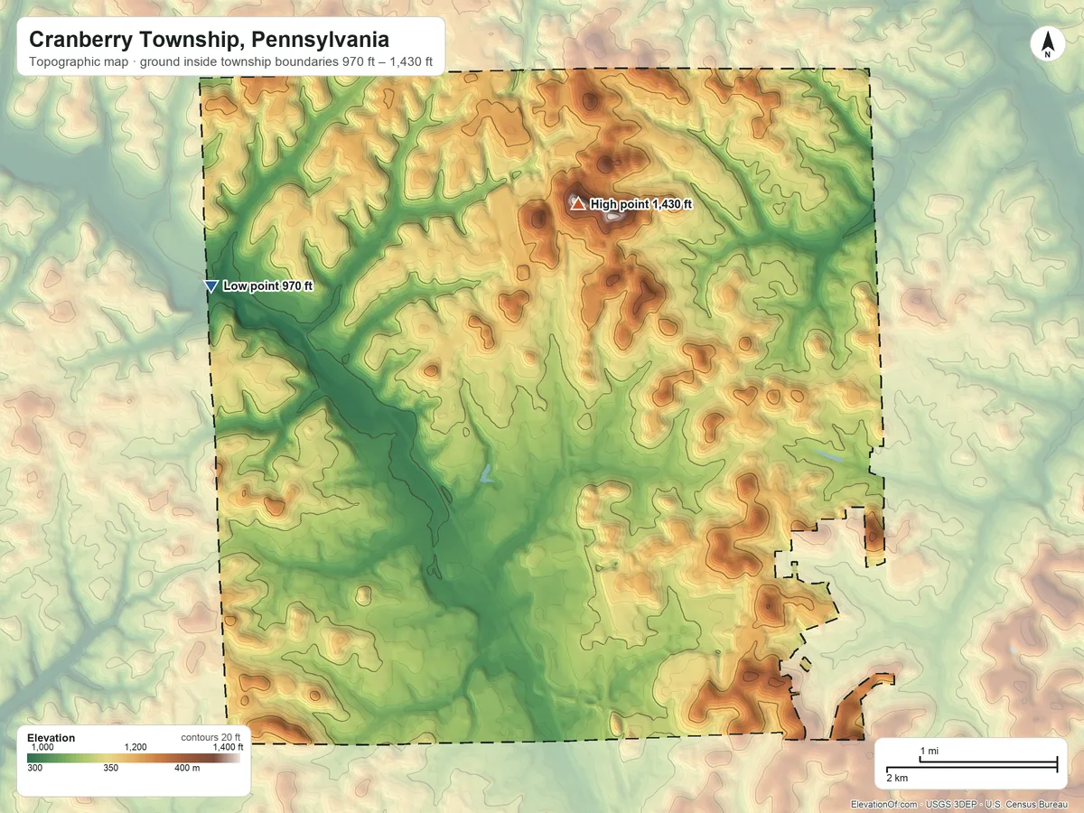 Topographic elevation map of Cranberry Township, Pennsylvania, shaded from 970 ft on the northwest side to 1,430 ft on the northeast side