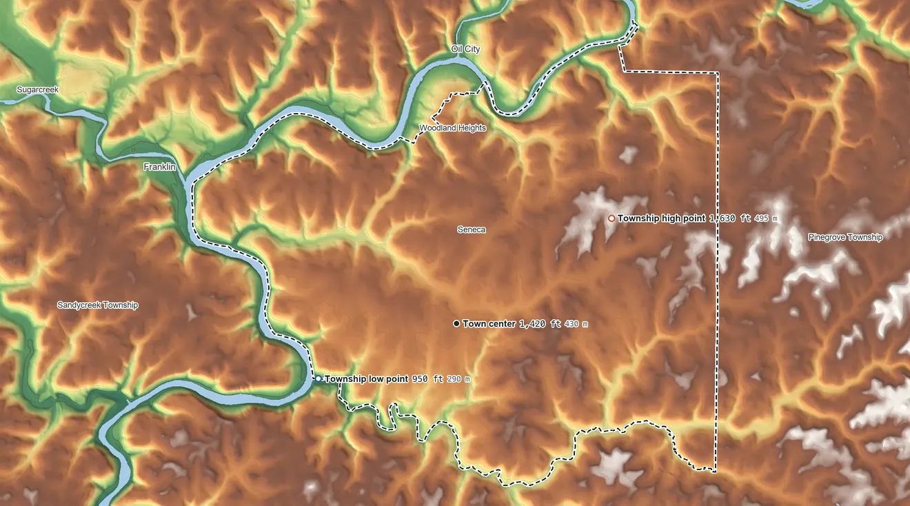 Topographic elevation map of Cranberry Township, Venango County, Pennsylvania, shaded from 950 ft on the west side to 1,630 ft on the northeast side