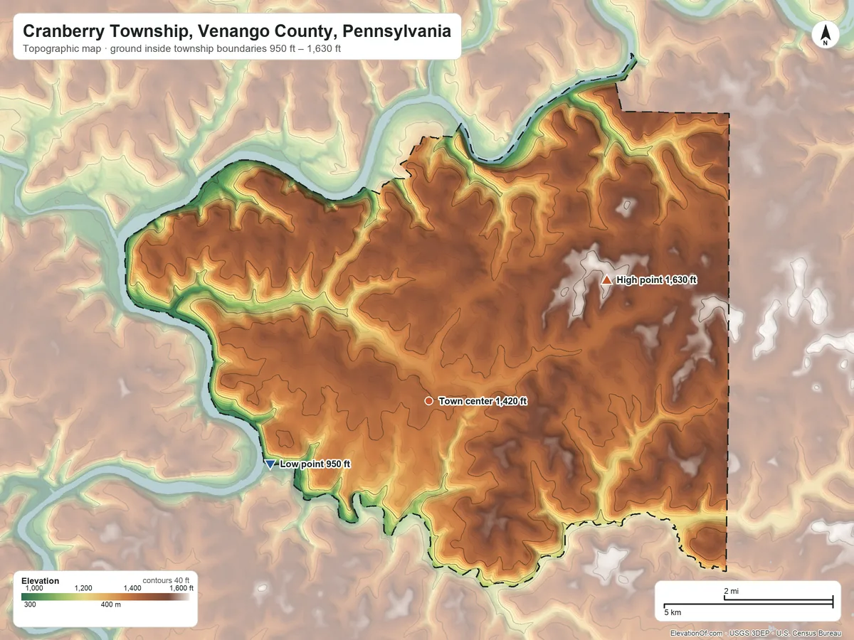 Topographic elevation map of Cranberry Township, Venango County, Pennsylvania, shaded from 950 ft on the west side to 1,630 ft on the northeast side