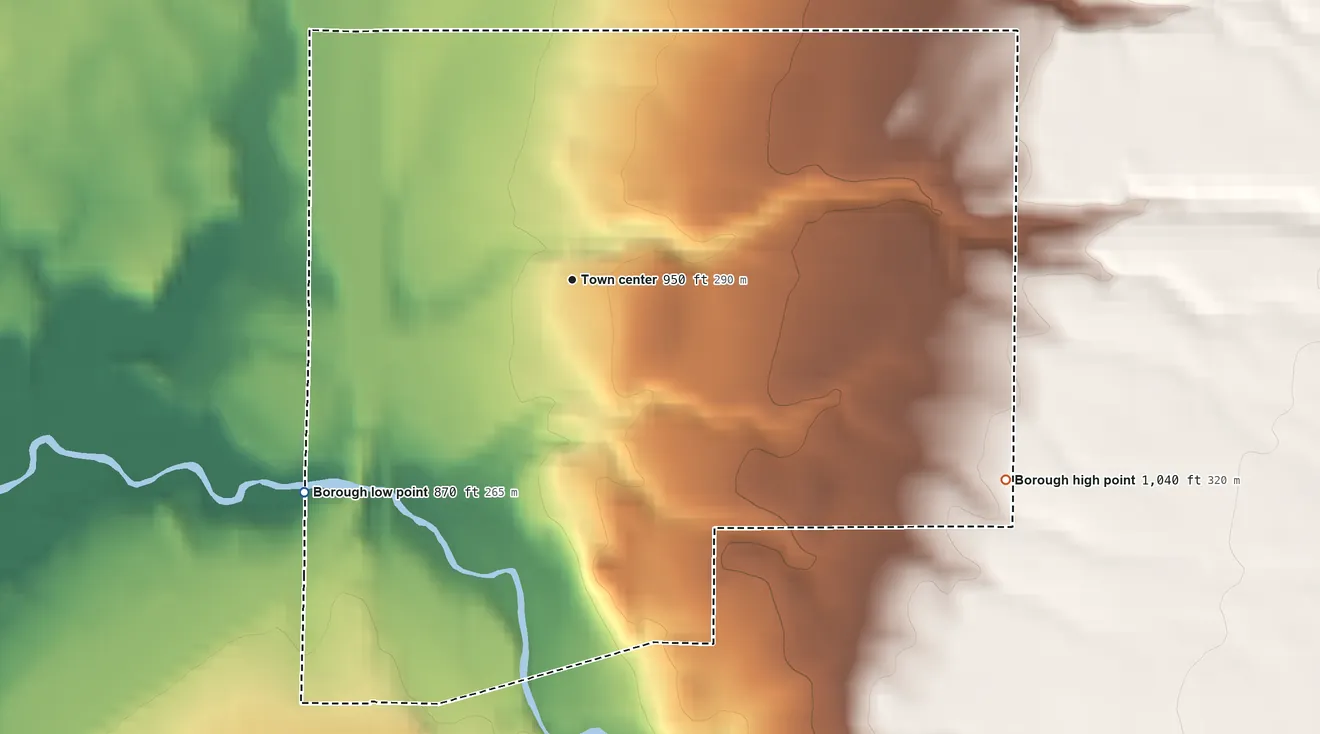 Topographic elevation map of Cranesville, Pennsylvania, shaded from 870 ft on the southwest side to 1,040 ft on the southeast side