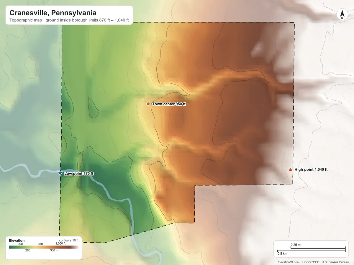 Topographic elevation map of Cranesville, Pennsylvania, shaded from 870 ft on the southwest side to 1,040 ft on the southeast side