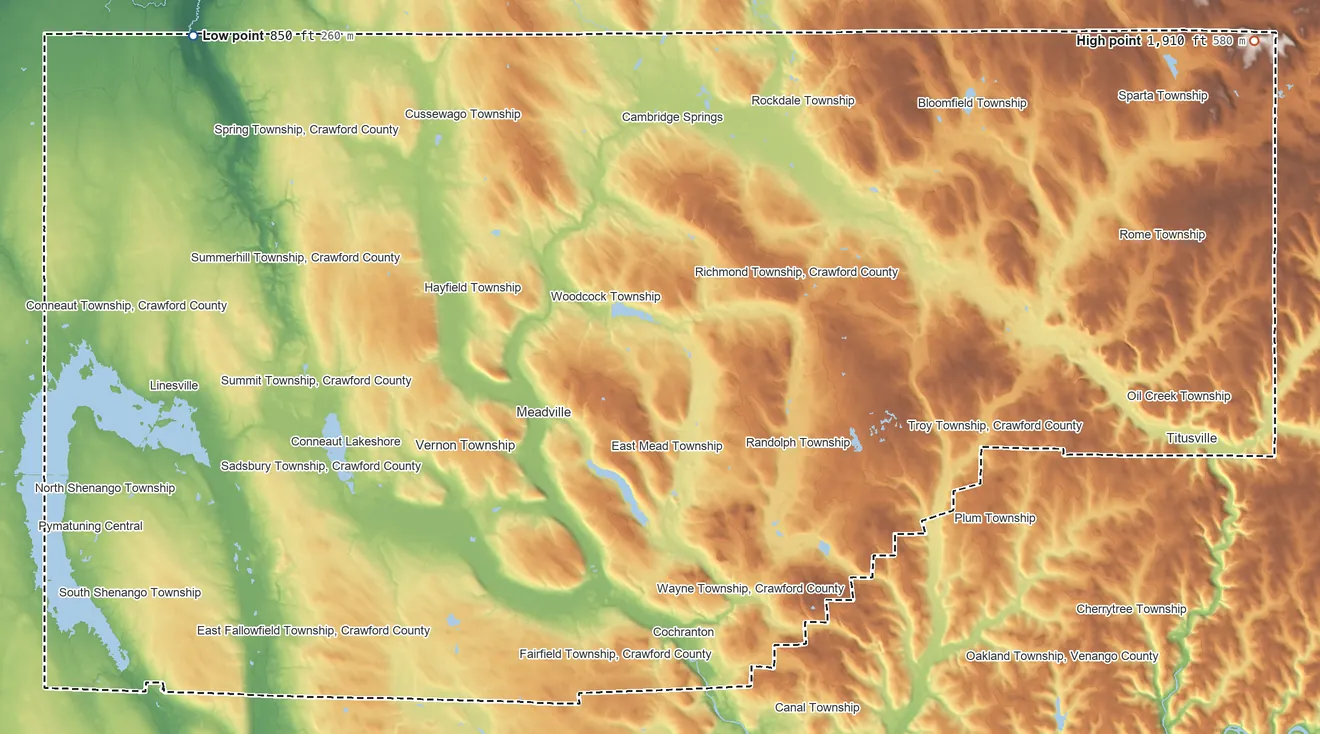 Topographic elevation map of Crawford County, Pennsylvania, shaded from 850 ft on the northwest side to 1,910 ft on the northeast side