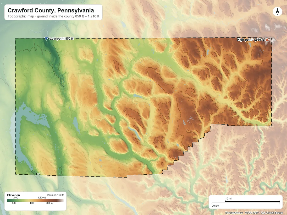 Topographic elevation map of Crawford County, Pennsylvania, shaded from 850 ft on the northwest side to 1,910 ft on the northeast side