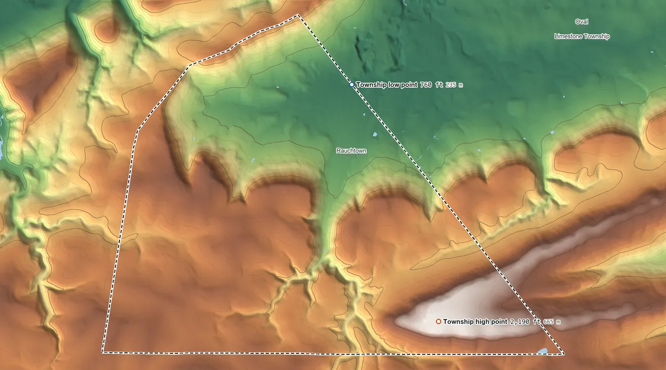 Topographic elevation map of Crawford Township, Pennsylvania, shaded from 760 ft near the middle to 2,190 ft on the southeast side