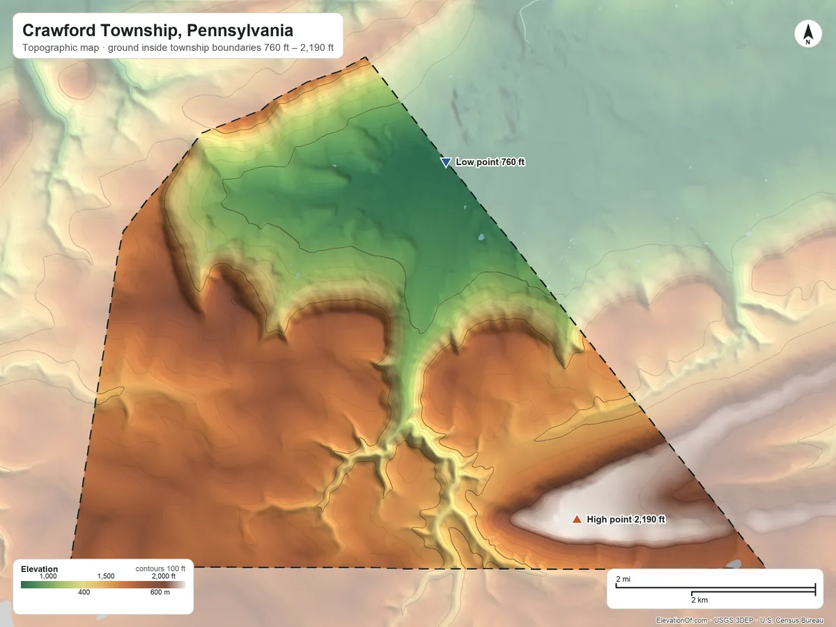 Topographic elevation map of Crawford Township, Pennsylvania, shaded from 760 ft near the middle to 2,190 ft on the southeast side