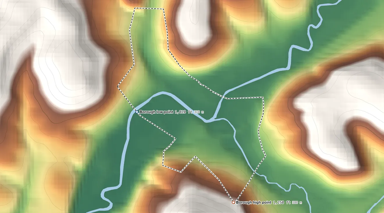 Topographic elevation map of Creekside, Pennsylvania, shaded from 1,020 ft on the west side to 1,250 ft on the southeast edge, below higher ground just outside