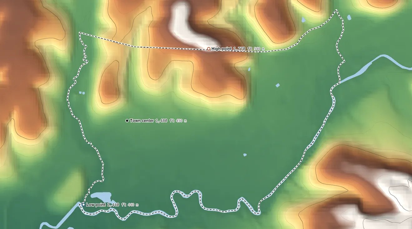 Topographic elevation map of Crenshaw, Pennsylvania, shaded from 1,440 ft on the southwest side to 1,770 ft on the northeast side