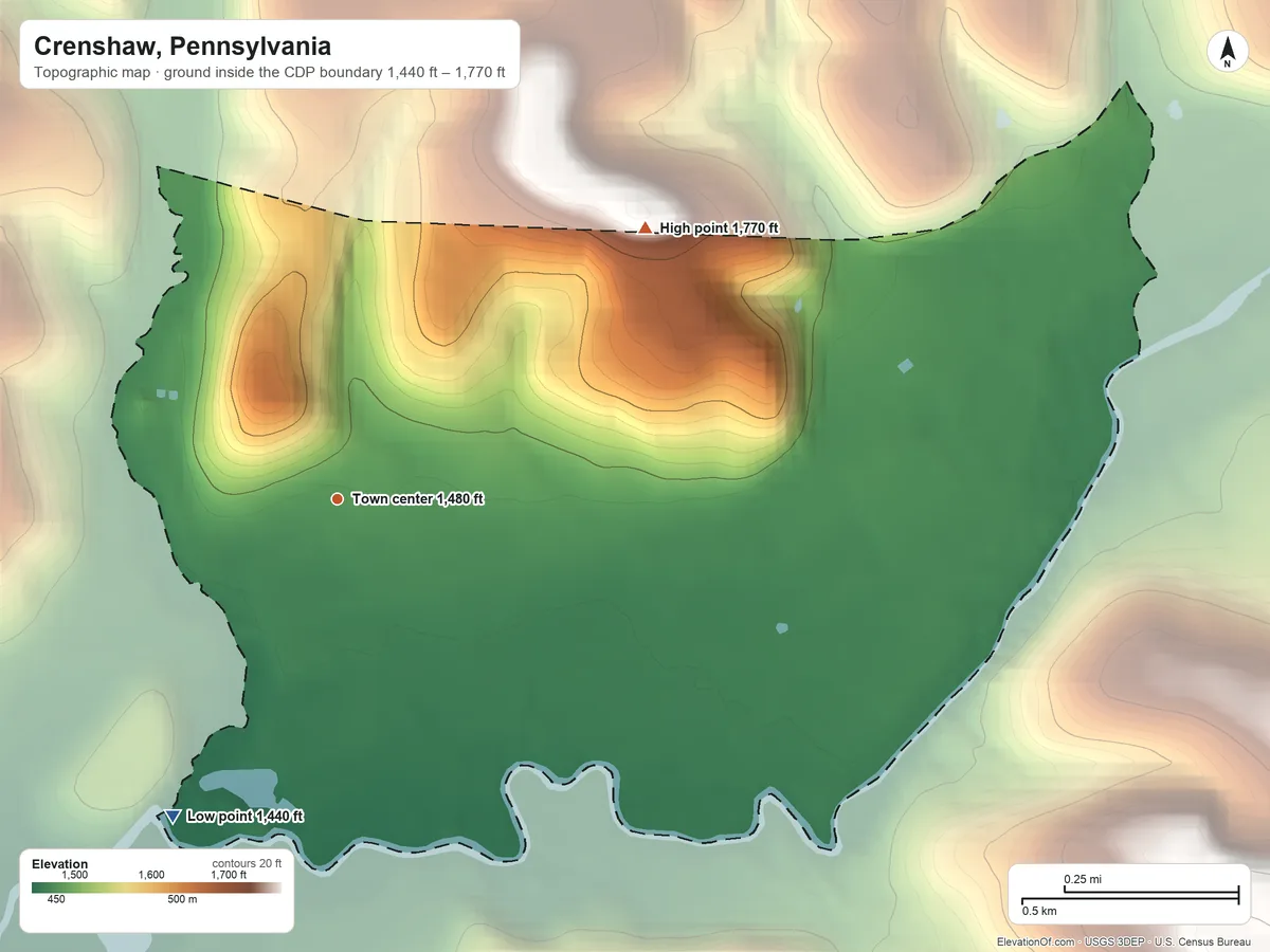 Topographic elevation map of Crenshaw, Pennsylvania, shaded from 1,440 ft on the southwest side to 1,770 ft on the northeast side