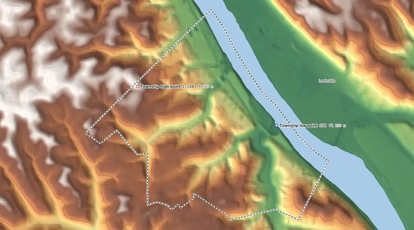 Topographic elevation map of Crescent Township, Pennsylvania, shaded from 690 ft on the east side to 1,180 ft on the northwest side