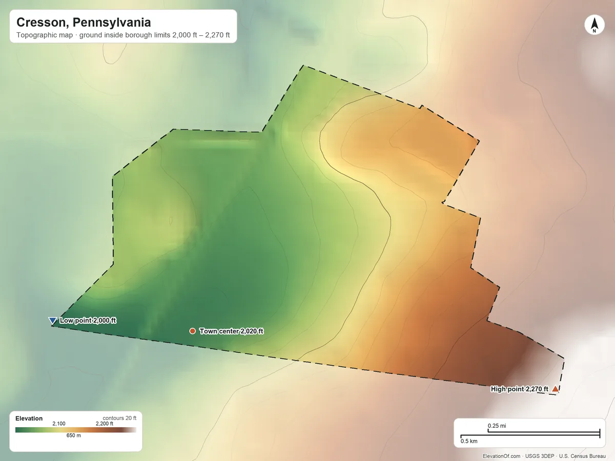 Topographic elevation map of Cresson, Pennsylvania, shaded from 2,000 ft on the west side to 2,270 ft on the east side