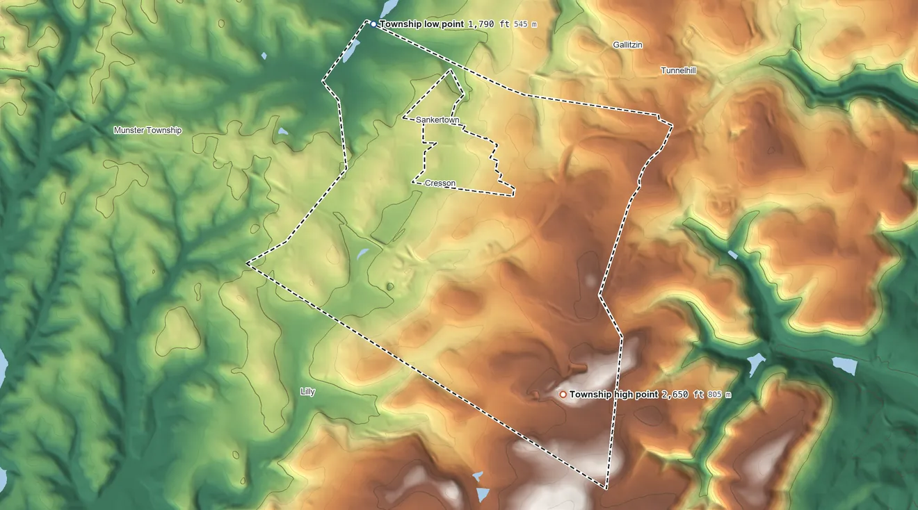 Topographic elevation map of Cresson Township, Pennsylvania, shaded from 1,790 ft on the northwest side to 2,650 ft on the southeast side