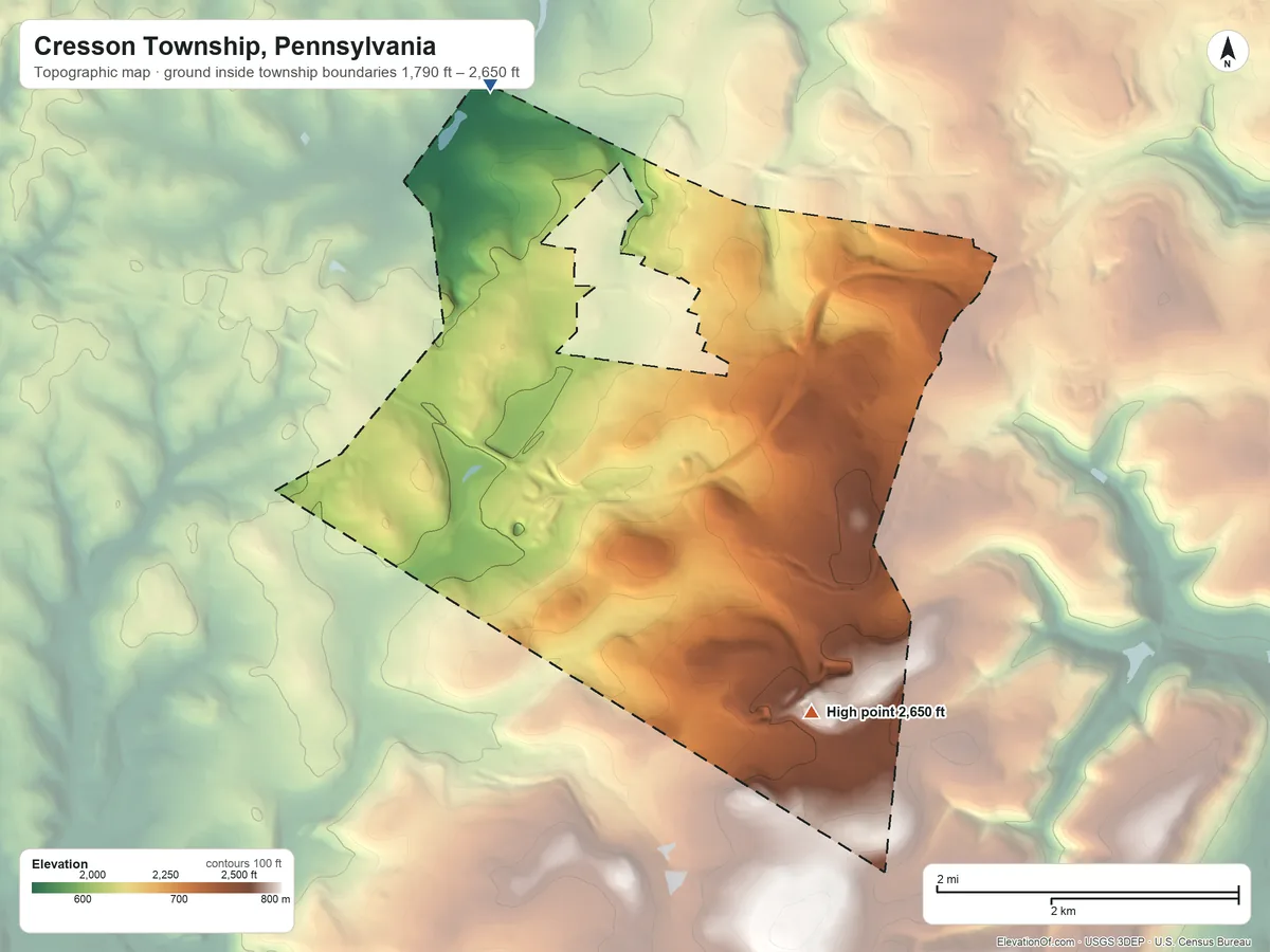 Topographic elevation map of Cresson Township, Pennsylvania, shaded from 1,790 ft on the northwest side to 2,650 ft on the southeast side
