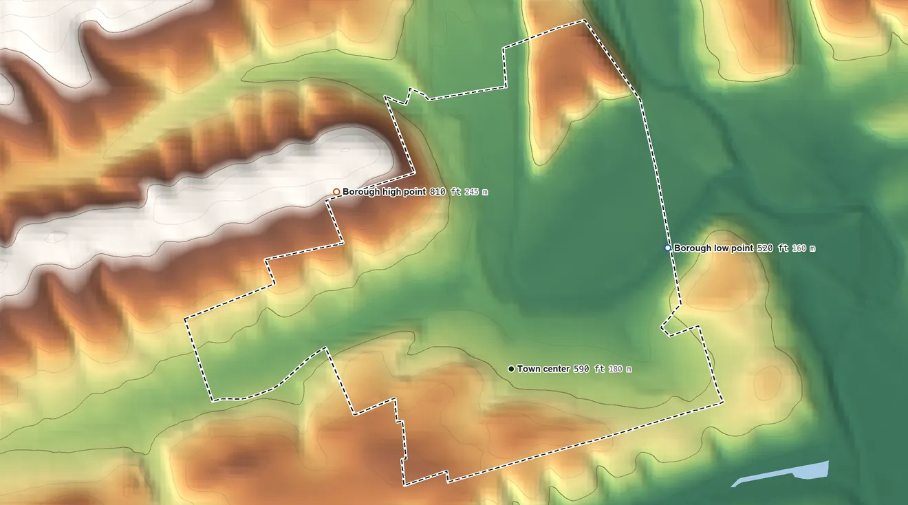 Topographic elevation map of Cressona, Pennsylvania, shaded from 520 ft on the northeast side to 810 ft at the foot of the Broad Mountain