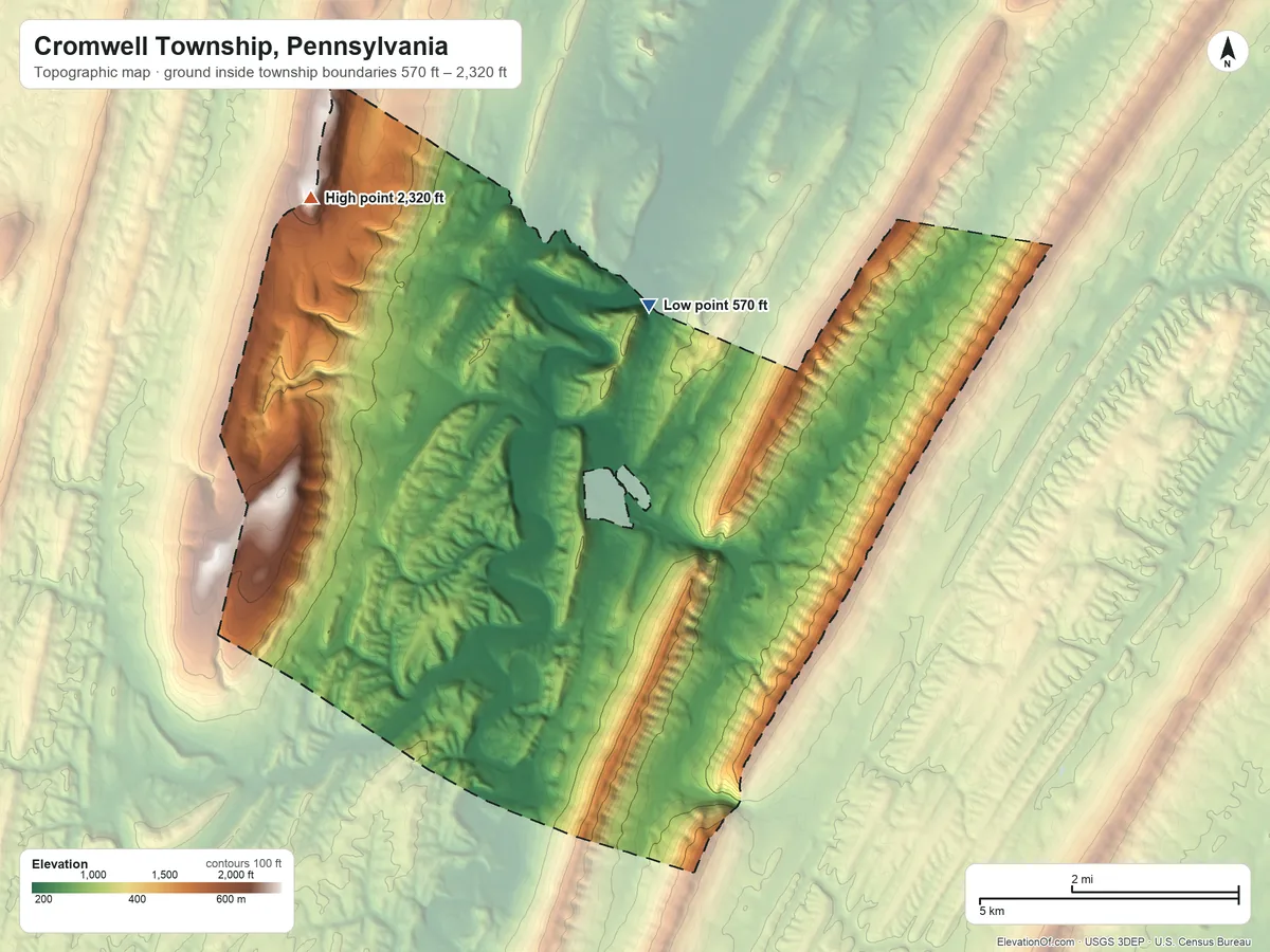 Topographic elevation map of Cromwell Township, Pennsylvania, shaded from 570 ft on the north side to 2,320 ft on Butler Knob