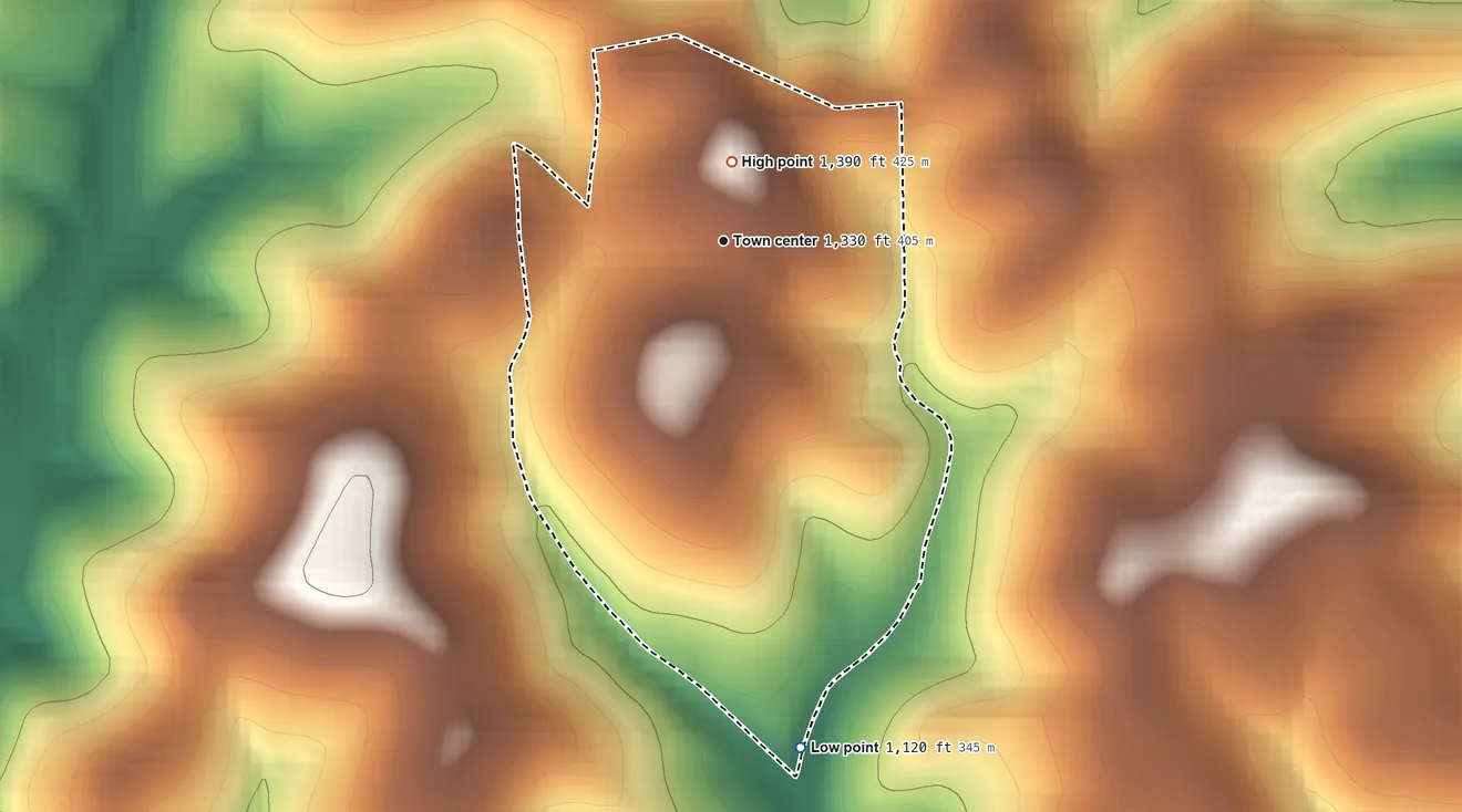 Topographic elevation map of Cross Creek, Pennsylvania, shaded from 1,120 ft on the south side to 1,390 ft near the middle