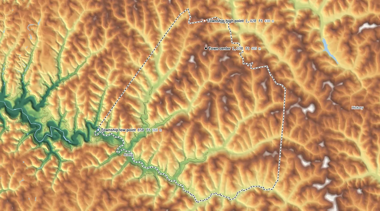 Topographic elevation map of Cross Creek Township, Pennsylvania, shaded from 850 ft on the southwest side to 1,420 ft on Quakers Knob