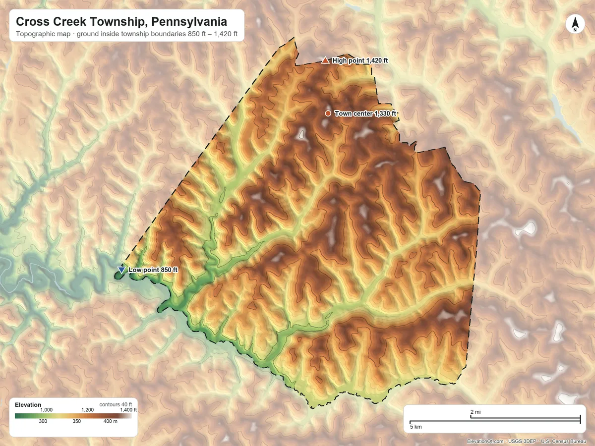 Topographic elevation map of Cross Creek Township, Pennsylvania, shaded from 850 ft on the southwest side to 1,420 ft on Quakers Knob