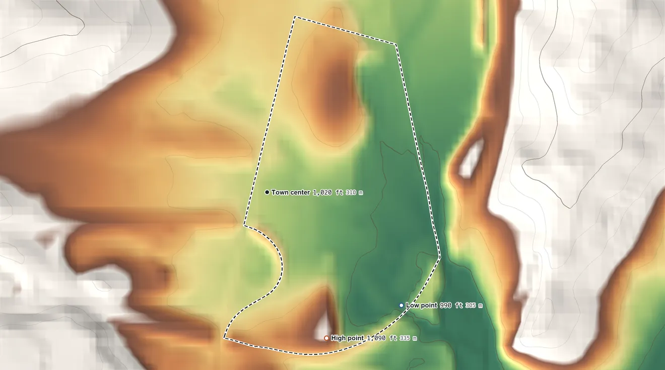 Topographic elevation map of Cross Keys, Pennsylvania, shaded from 990 ft on the southeast side to 1,090 ft on the south edge, below higher ground just outside
