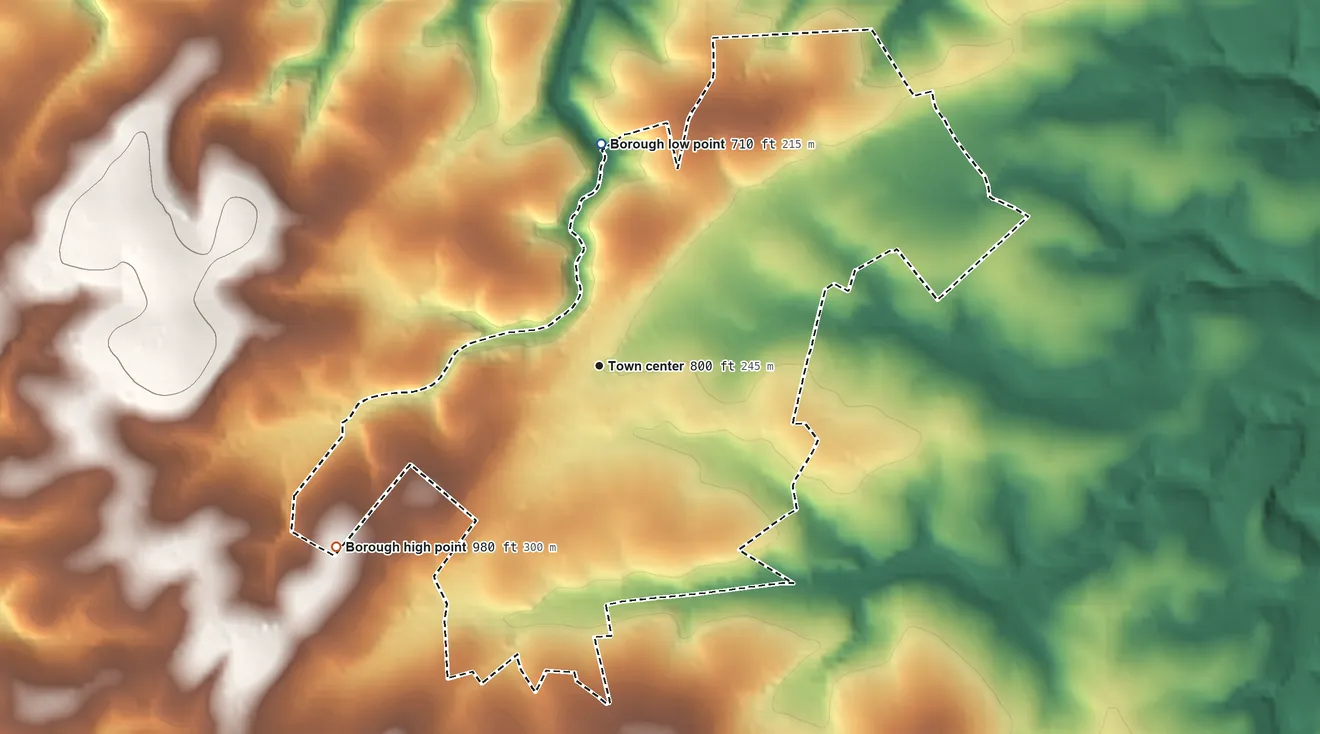 Topographic elevation map of Cross Roads, Pennsylvania, shaded from 710 ft on the north side to 980 ft on the southwest side
