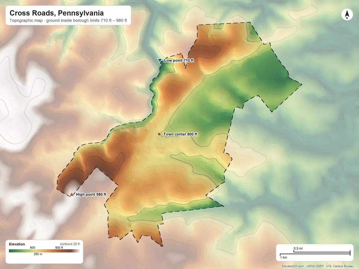 Topographic elevation map of Cross Roads, Pennsylvania, shaded from 710 ft on the north side to 980 ft on the southwest side