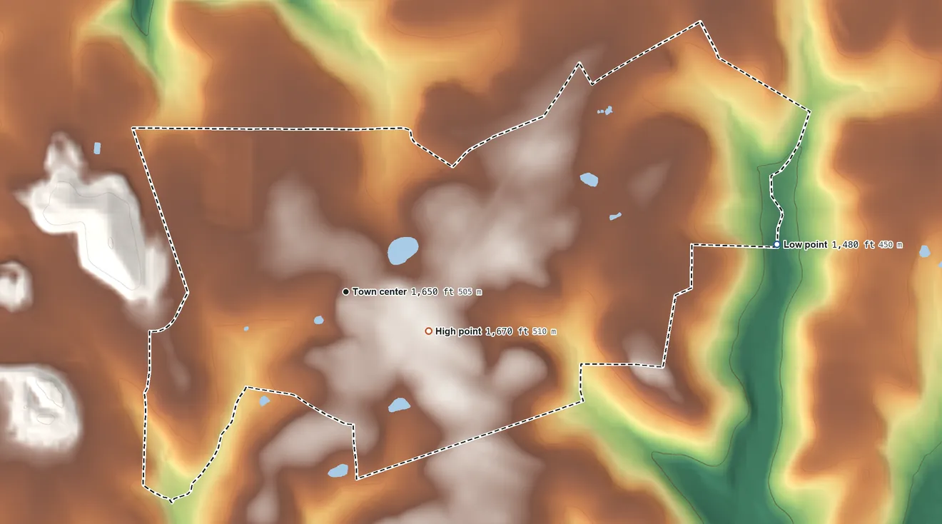 Topographic elevation map of Crown, Pennsylvania, shaded from 1,480 ft on the east side to 1,670 ft on the southeast side