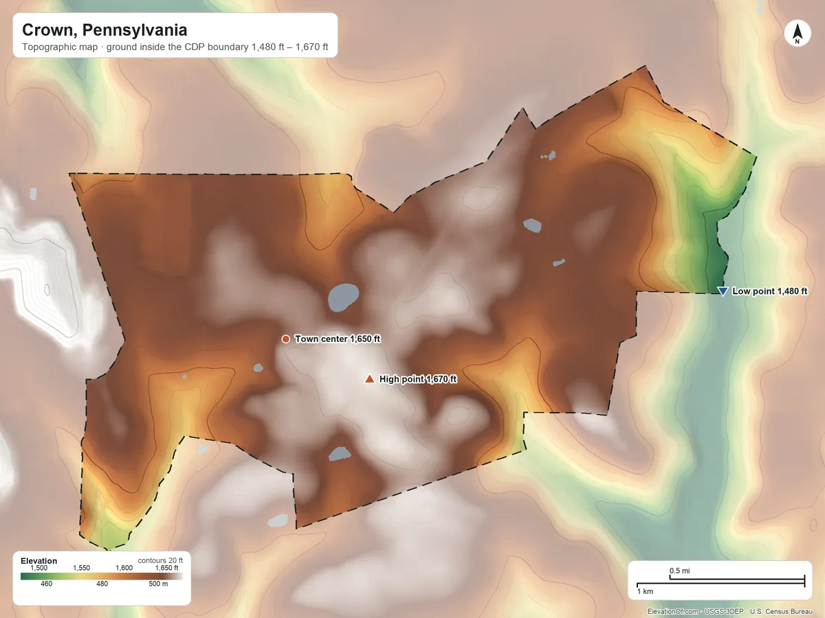 Topographic elevation map of Crown, Pennsylvania, shaded from 1,480 ft on the east side to 1,670 ft on the southeast side