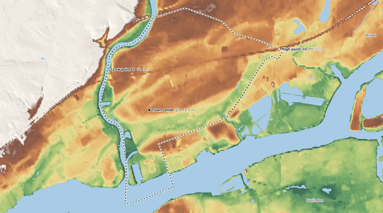 Topographic elevation map of Croydon, Pennsylvania, shaded from 0 ft on the northwest side to 40 ft on the northeast side