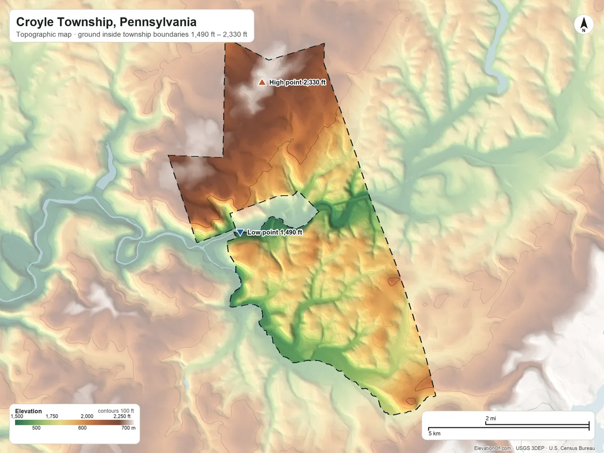Topographic elevation map of Croyle Township, Pennsylvania, shaded from 1,490 ft on the west side to 2,330 ft on the north side