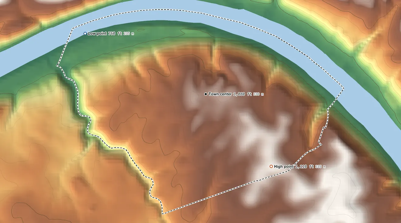Topographic elevation map of Crucible, Pennsylvania, shaded from 760 ft on the northwest side to 1,110 ft on the southeast side