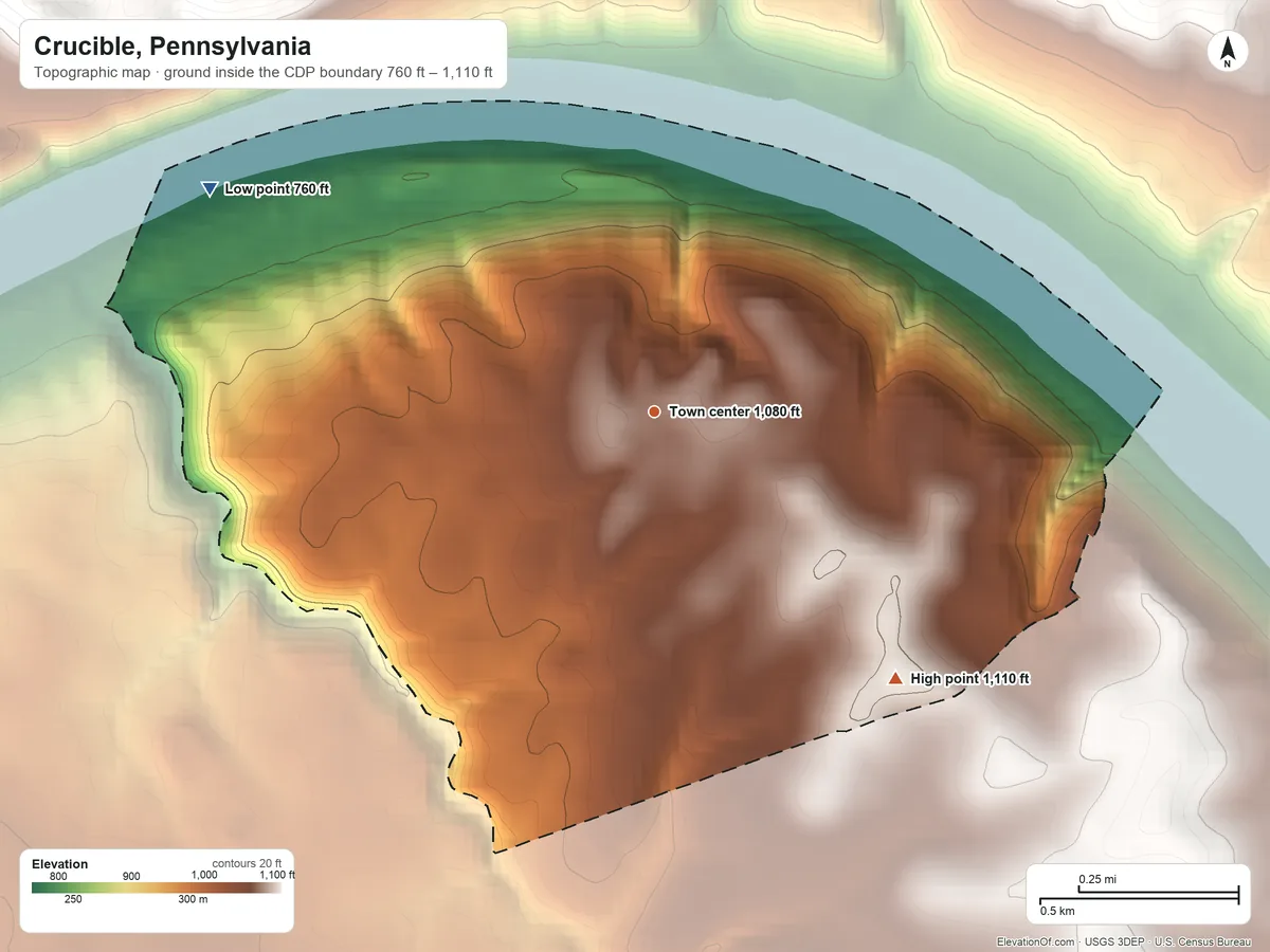 Topographic elevation map of Crucible, Pennsylvania, shaded from 760 ft on the northwest side to 1,110 ft on the southeast side