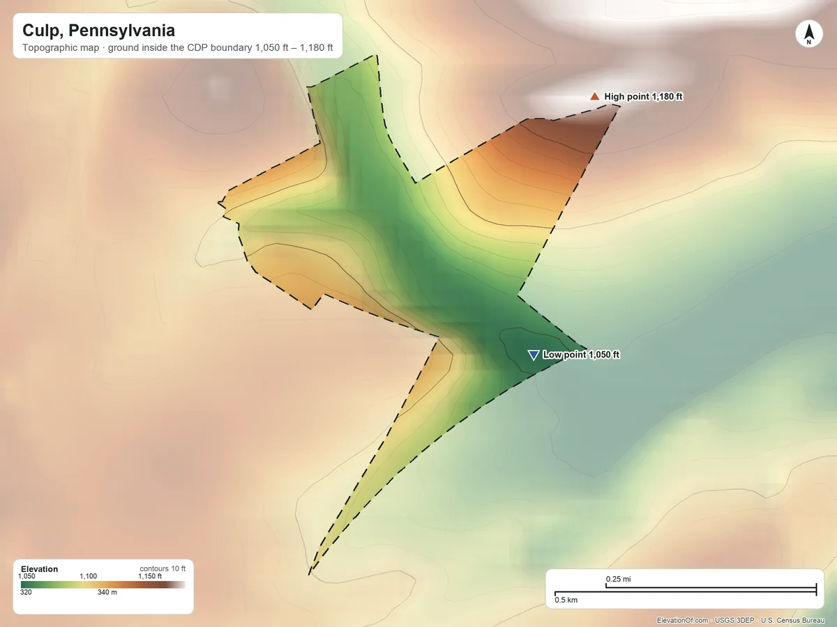 Topographic elevation map of Culp, Pennsylvania, shaded from 1,050 ft on the east side to 1,180 ft on the northeast edge, below higher ground just outside