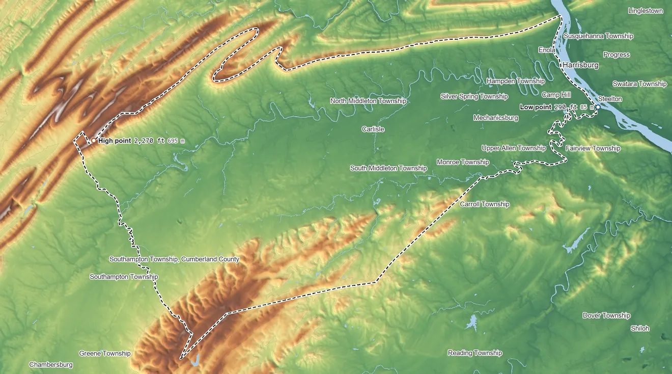 Topographic elevation map of Cumberland County, Pennsylvania, shaded from 290 ft on the east side to 2,270 ft on the west side