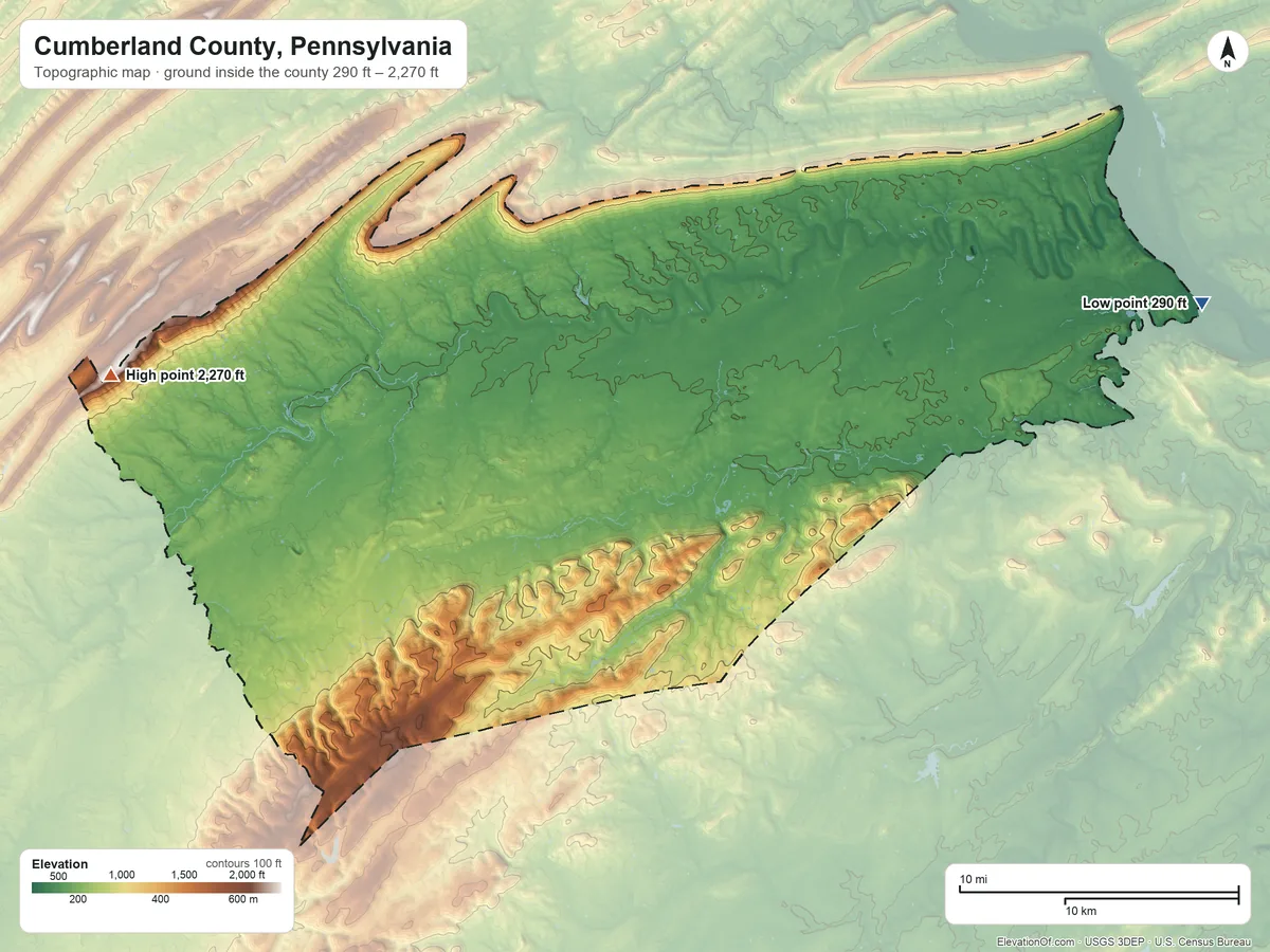 Topographic elevation map of Cumberland County, Pennsylvania, shaded from 290 ft on the east side to 2,270 ft on the west side