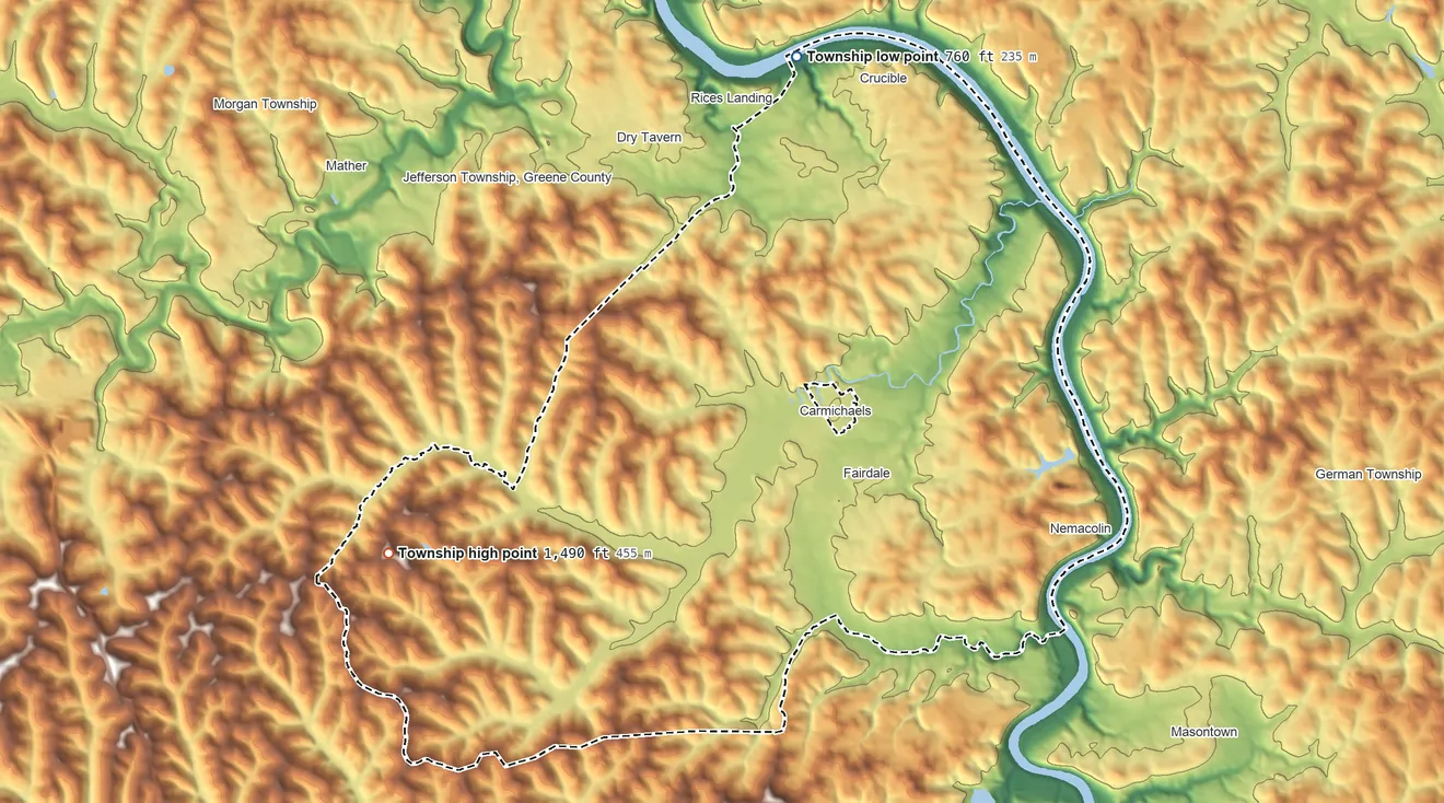 Topographic elevation map of Cumberland Township, Greene County, Pennsylvania, shaded from 760 ft on the north side to 1,490 ft on the west side