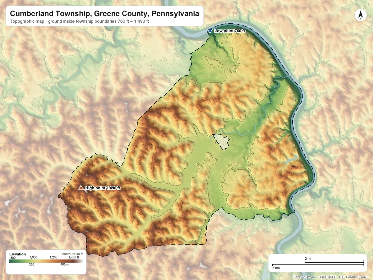 Topographic elevation map of Cumberland Township, Greene County, Pennsylvania, shaded from 760 ft on the north side to 1,490 ft on the west side