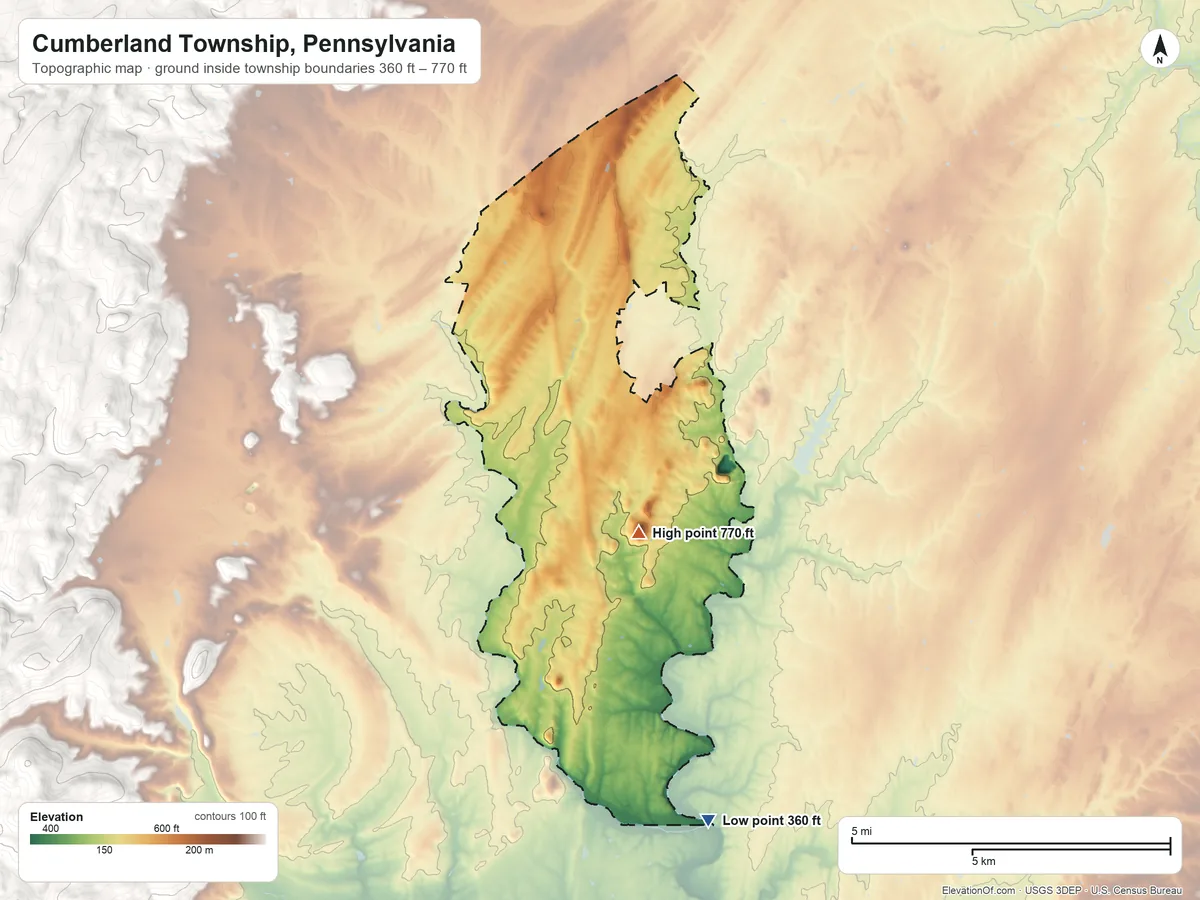 Topographic elevation map of Cumberland Township, Pennsylvania, shaded from 360 ft on the south side to 770 ft on Round Top