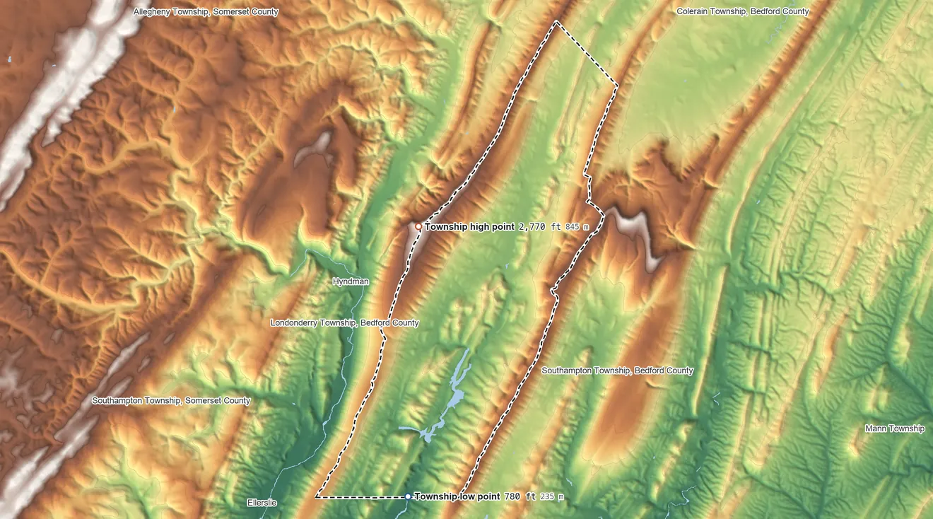 Topographic elevation map of Cumberland Valley Township, Pennsylvania, shaded from 780 ft on the south side to 2,770 ft on Wills Mountain
