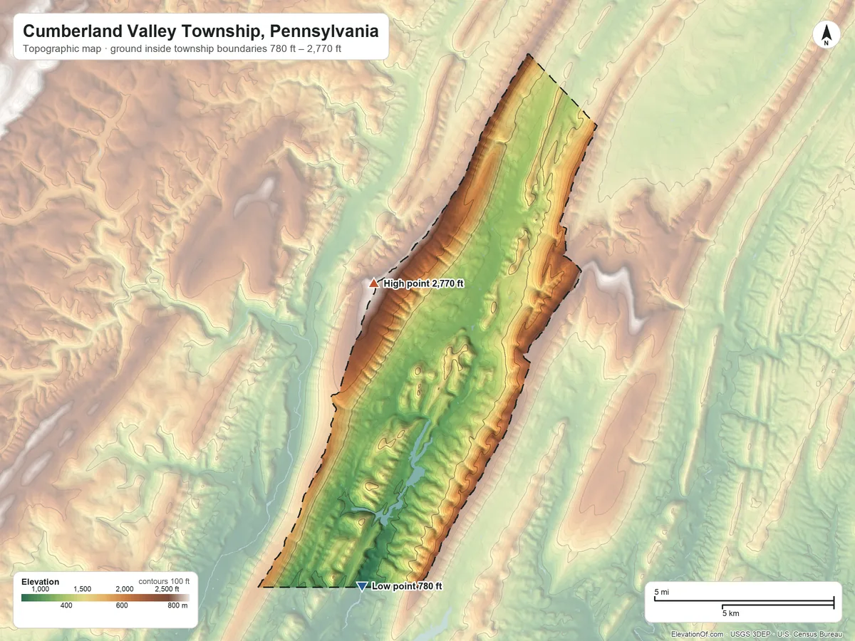 Topographic elevation map of Cumberland Valley Township, Pennsylvania, shaded from 780 ft on the south side to 2,770 ft on Wills Mountain