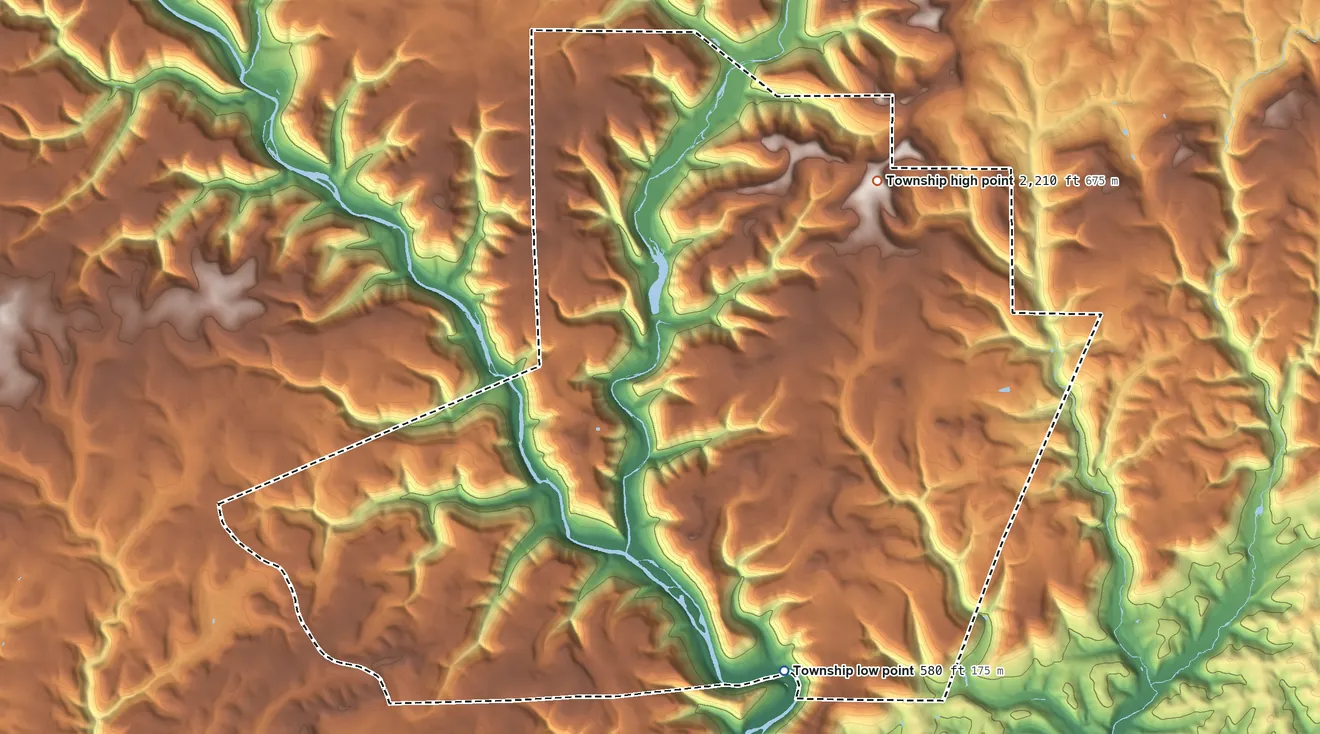 Topographic elevation map of Cummings Township, Pennsylvania, shaded from 580 ft on the southeast side to 2,210 ft on the northeast side