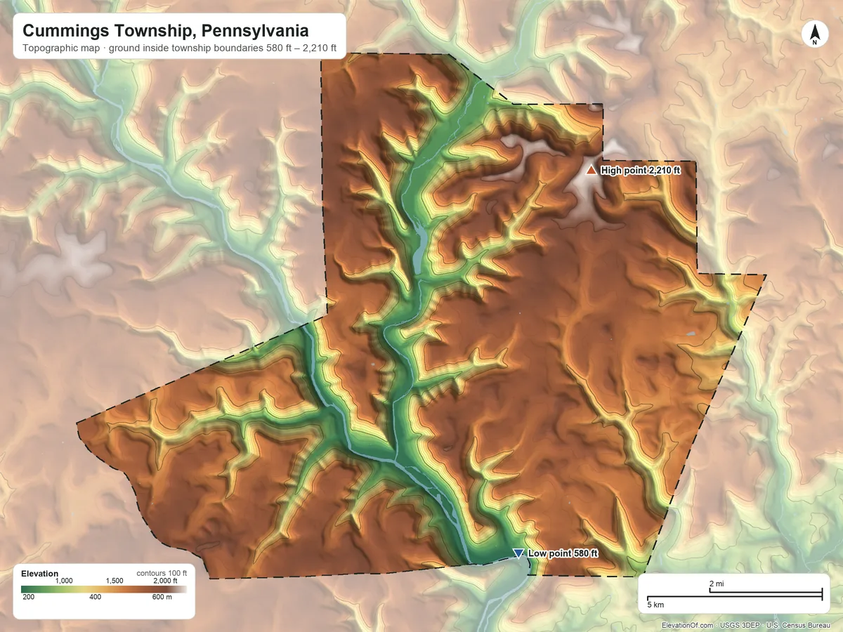 Topographic elevation map of Cummings Township, Pennsylvania, shaded from 580 ft on the southeast side to 2,210 ft on the northeast side