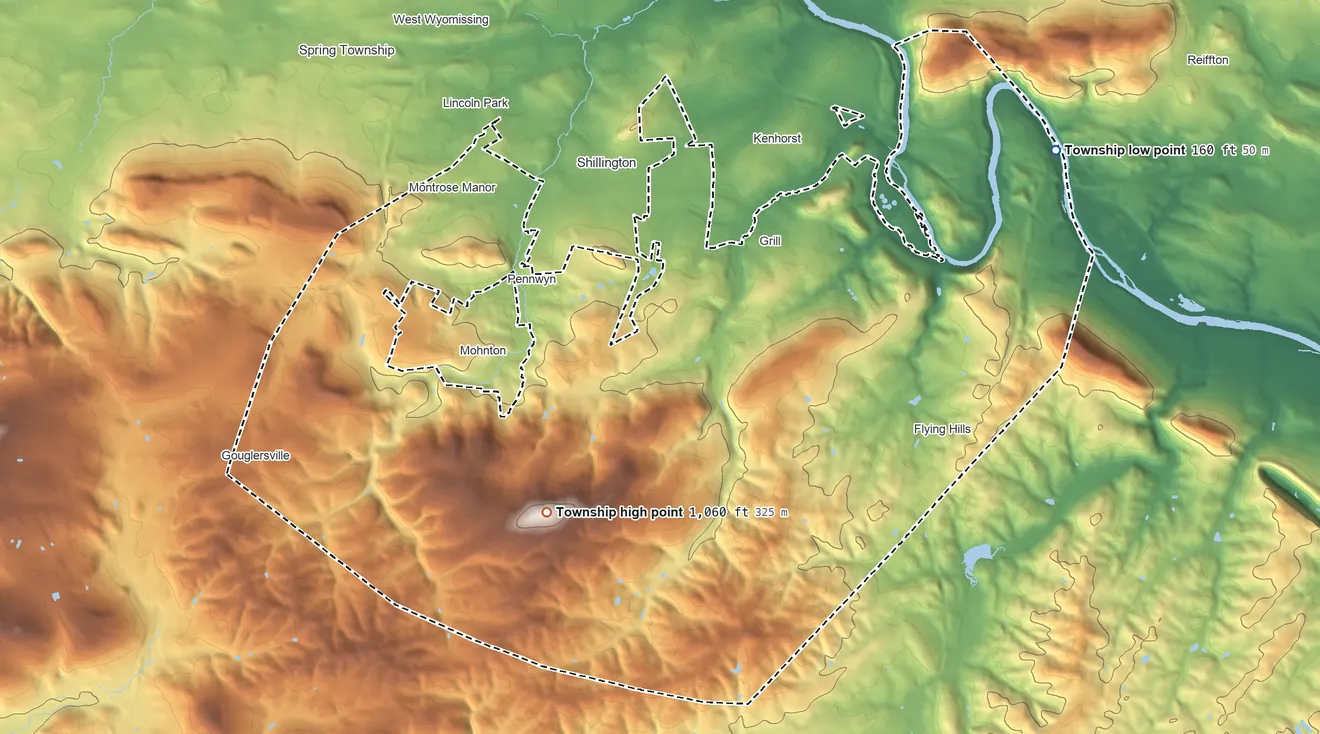 Topographic elevation map of Cumru Township, Pennsylvania, shaded from 160 ft on the east side to 1,060 ft on the southwest side