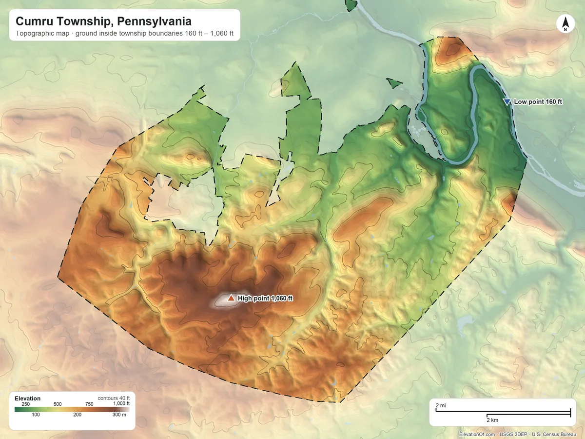 Topographic elevation map of Cumru Township, Pennsylvania, shaded from 160 ft on the east side to 1,060 ft on the southwest side
